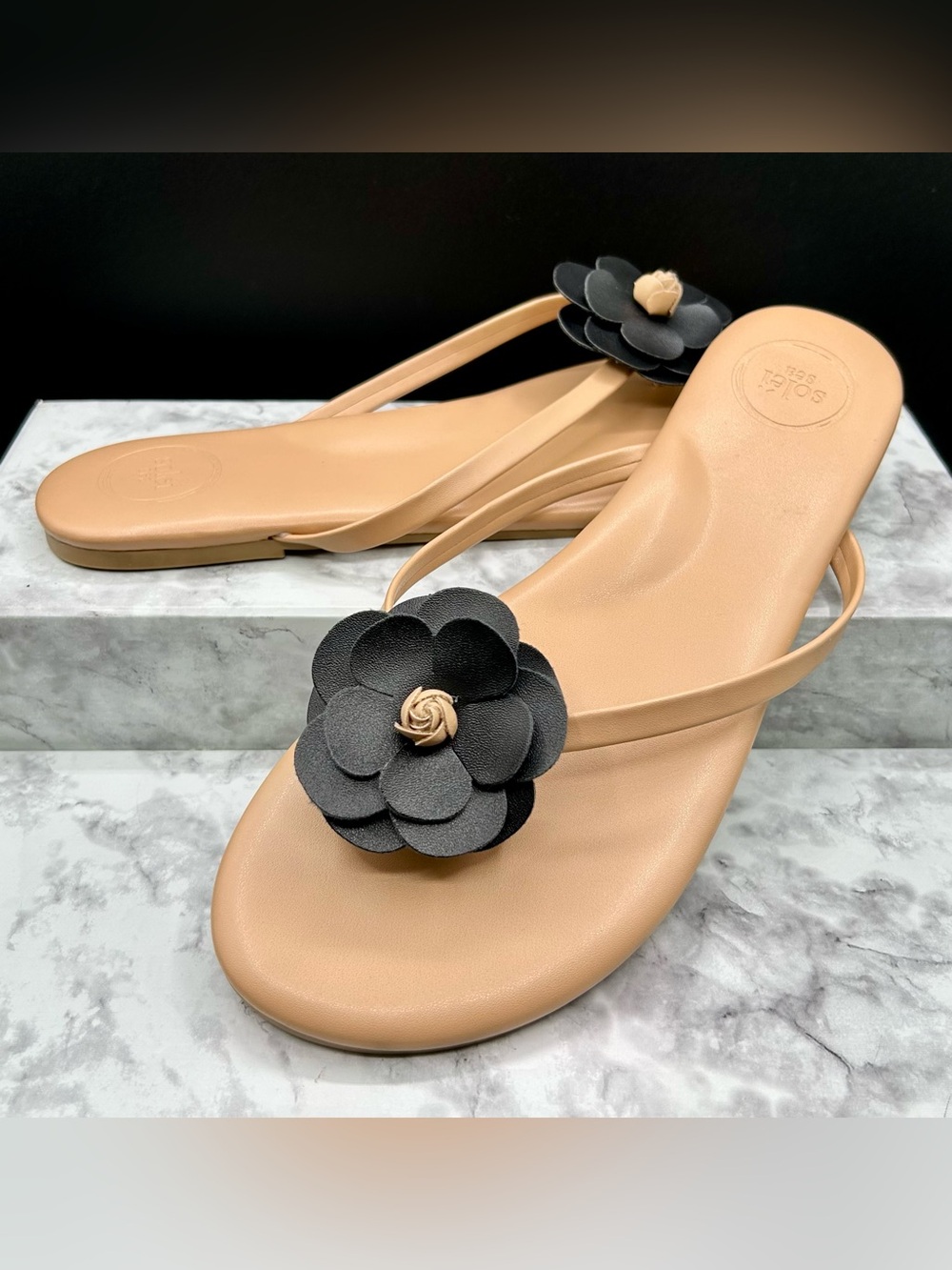 SOLEI SEA Valentina Flower Sandals in The Tan and Black. US size 11. EU size 42
